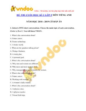 Đề thi cuối học kỳ 2 môn Tiếng Anh Khối 9  (Có đáp án)